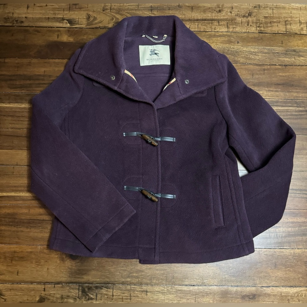 Purple Short Burberry Wool Coat Jacket with Toggle Buttons - Size Medium